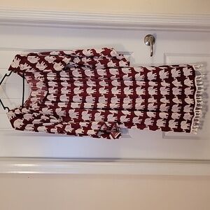 Maroon Elephant Print Flutter Sleeves with Tassels Dress